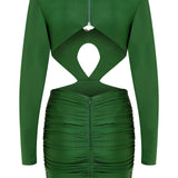 Cutout Long Sleeved Draped Mini Dress With Gold Buckles