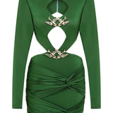 Cutout Long Sleeved Draped Mini Dress With Gold Buckles