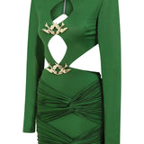 Cutout Long Sleeved Draped Mini Dress With Gold Buckles