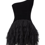 One Shouldered Silk Velvet Mini Dress With