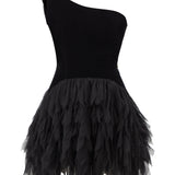 One Shouldered Silk Velvet Mini Dress With