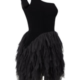 One Shouldered Silk Velvet Mini Dress With