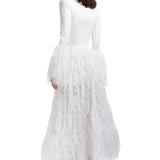 Knit Embroided Top With Silck Chiffon Details On Skirt