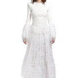 Knit Embroided Top With Silck Chiffon Details On Skirt