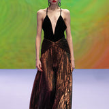 Velvet V Neck Maxi Dress With Glattered Pleated Maxi Dress