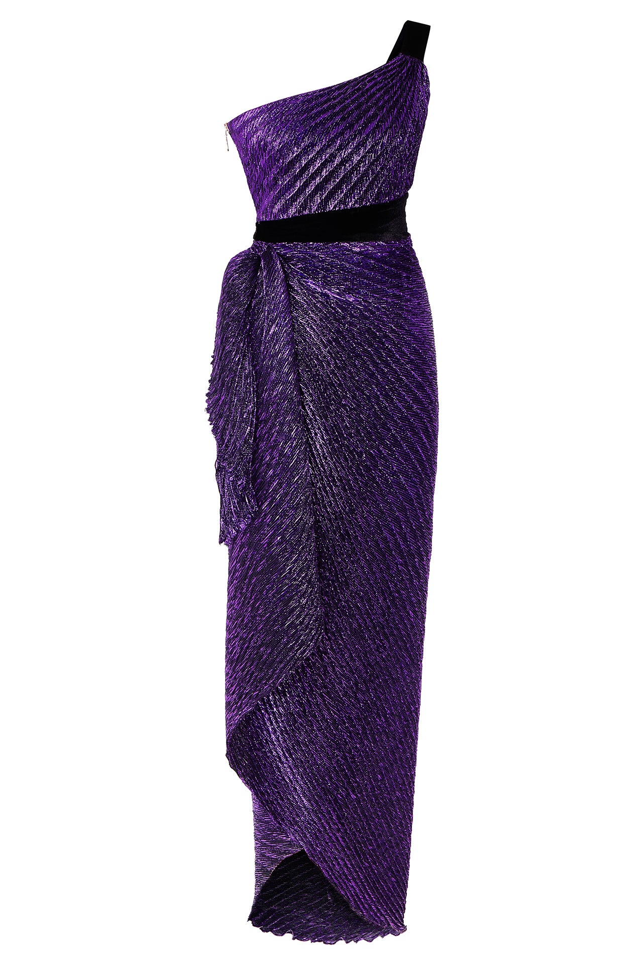 Glittered One Shoulder Pleated Midi Dress With Velvet Belt – RAISA VANESSA  INT