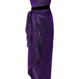 Glittered One Shoulder Pleated Midi Dress With Velvet Belt