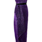 Glittered One Shoulder Pleated Midi Dress With Velvet Belt