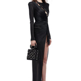Long Sleeved Crystal Buttoned Midi Dress With High Slit