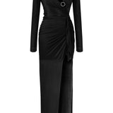 Long Sleeved Crystal Buttoned Midi Dress With High Slit