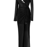 Long Sleeved Crystal Buttoned Midi Dress With High Slit