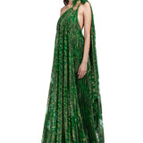 Gold Glittered Pleated Lace Maxi Dress