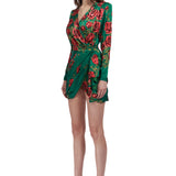 Rose Sequined Patterned Satin V Neck Draped Mini Dress
