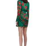 Rose Sequined Patterned Satin V Neck Draped Mini Dress