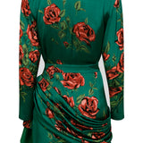 Rose Sequined Patterned Satin V Neck Draped Mini Dress