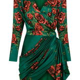 Rose Sequined Patterned Satin V Neck Draped Mini Dress