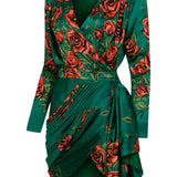 Rose Sequined Patterned Satin V Neck Draped Mini Dress