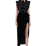 Crystal Embellishment Midi Dress With High Slit