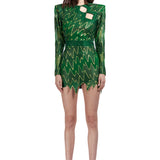 Crystal Embellished Lace Zigzag Mini Dress With Cutout Details