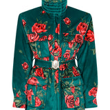 Rose Patterned Velvet Jacket with Gold Buckle Belt