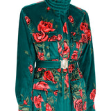 Rose Patterned Velvet Jacket with Gold Buckle Belt