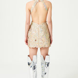 Nacreous Sequin Embroidered Flower Brouded Silk Halter Neck Mini Dress