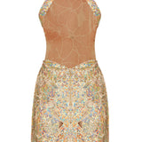 Nacreous Sequin Embroidered Flower Brouded Silk Halter Neck Mini Dress
