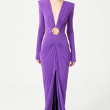 Lilac V-Neck Draped Maxi Dress With Metallic Accessories