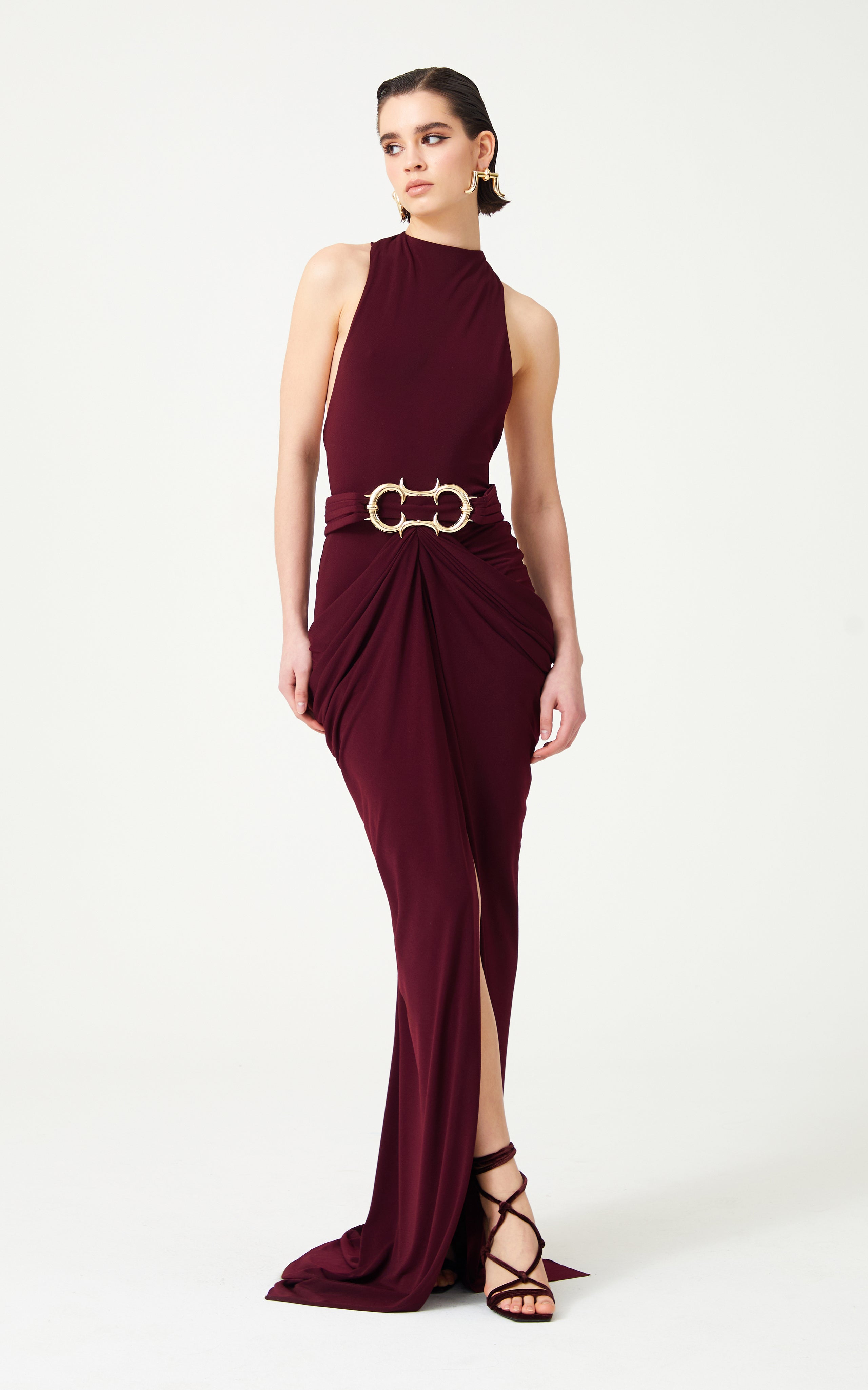 Burgundy Halter Neck Draped Backless Gown With Gold Buckle Detail RAISA VANESSA INT