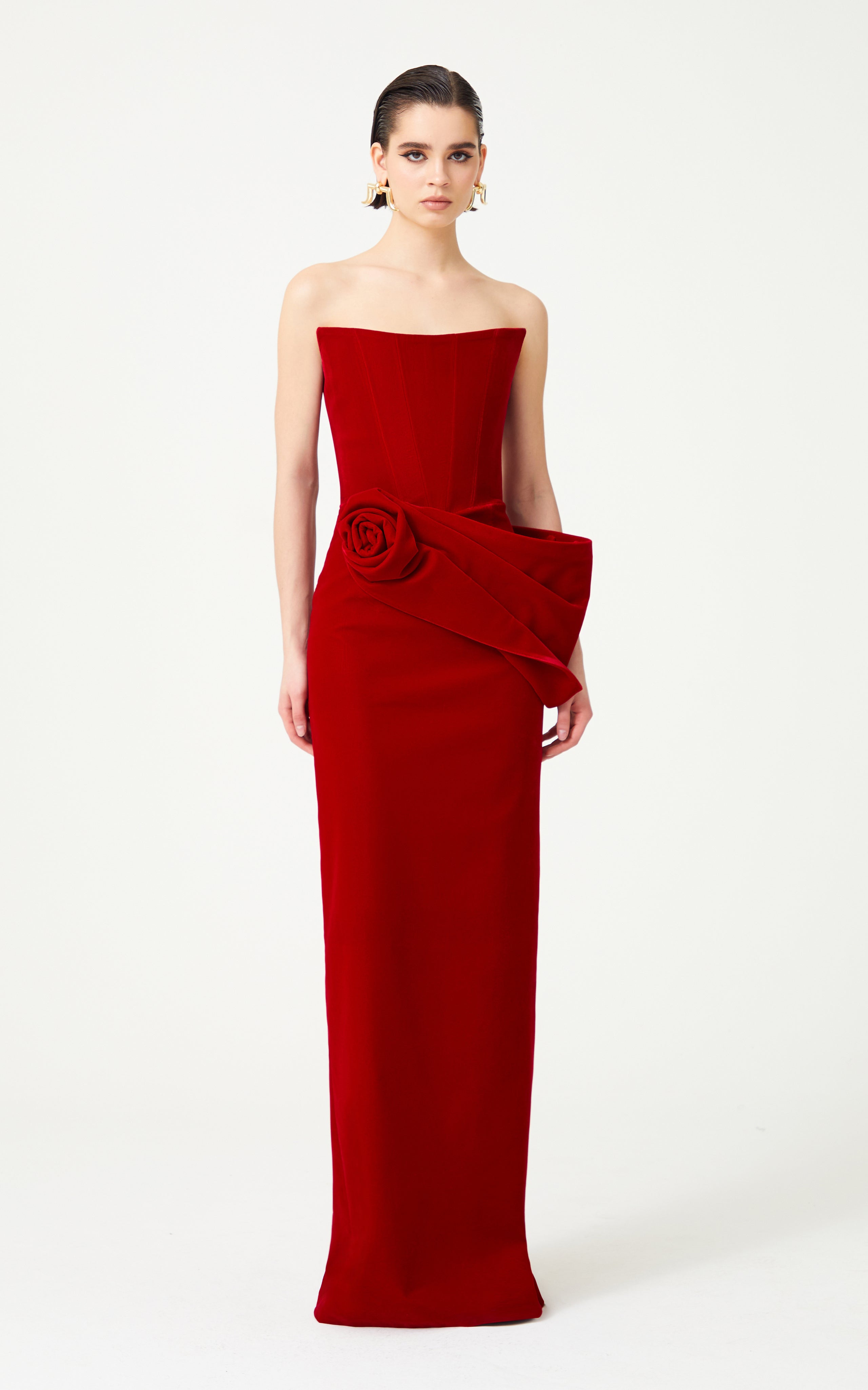 velvet maxi dress red Tove Off Shoulder Velvet Maxi Dress