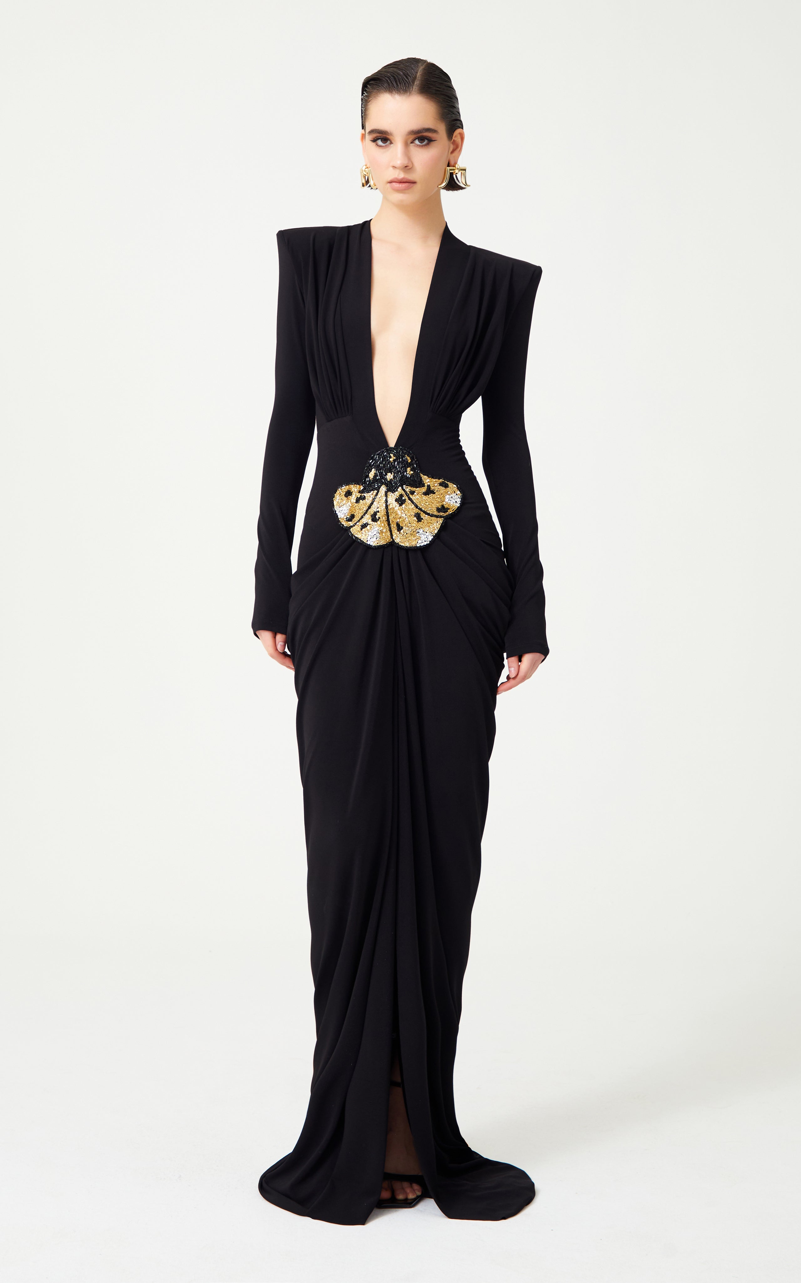 Black Stretchy Gold Flower Embroidered V-Neck Long Sleeved Maxi Dress RAISA VANESSA INT Black Stretchy Gold Flower Embroidered V-Neck Long Sleeved Maxi Dress RAISA VANESSA INT