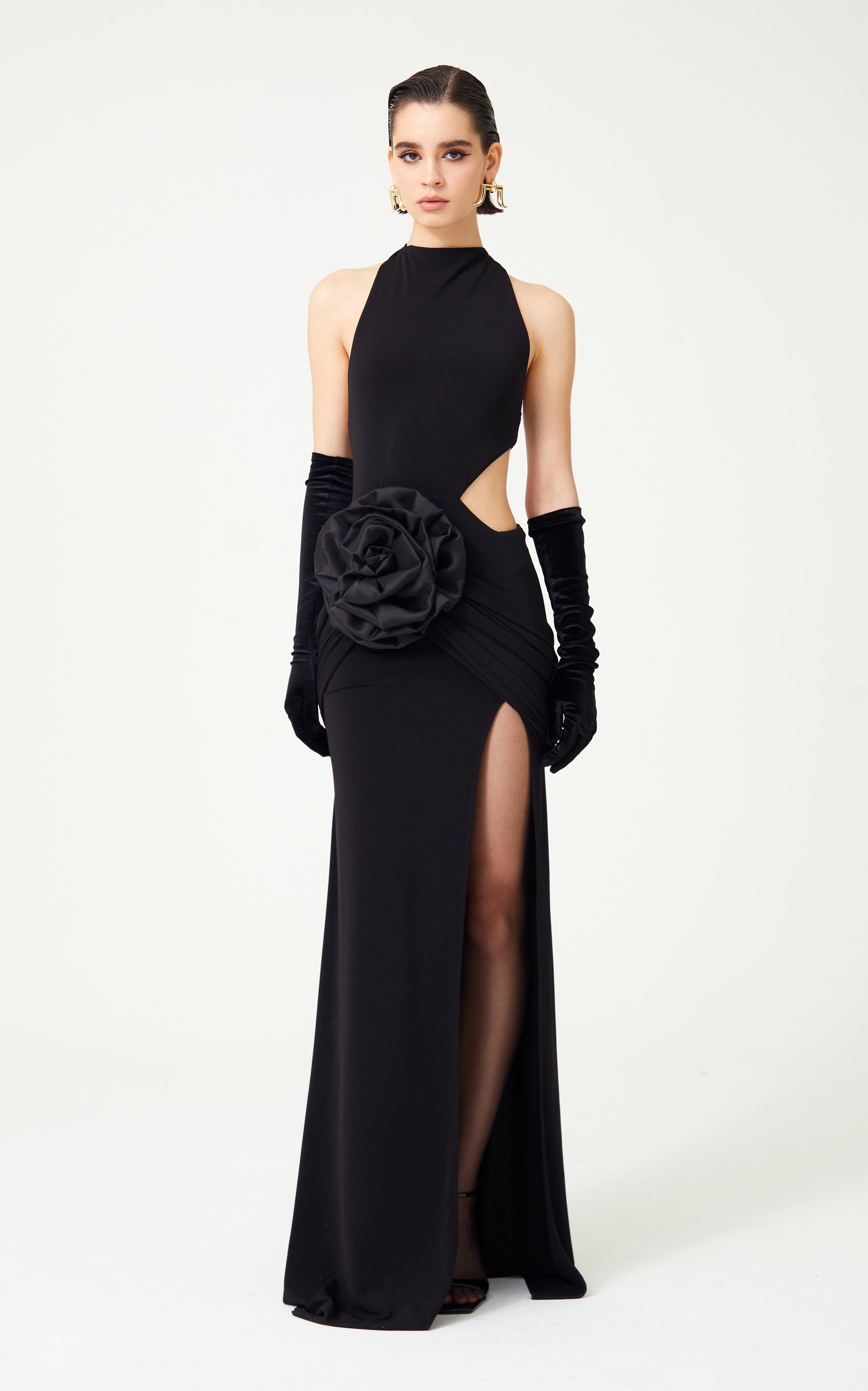 Black Stretchy Flower And Cutout Detailed Maxi Dress With Slit RAISA VANESSA INT Black Stretchy Flower And Cutout Detailed Maxi Dress With Slit RAISA VANESSA INT