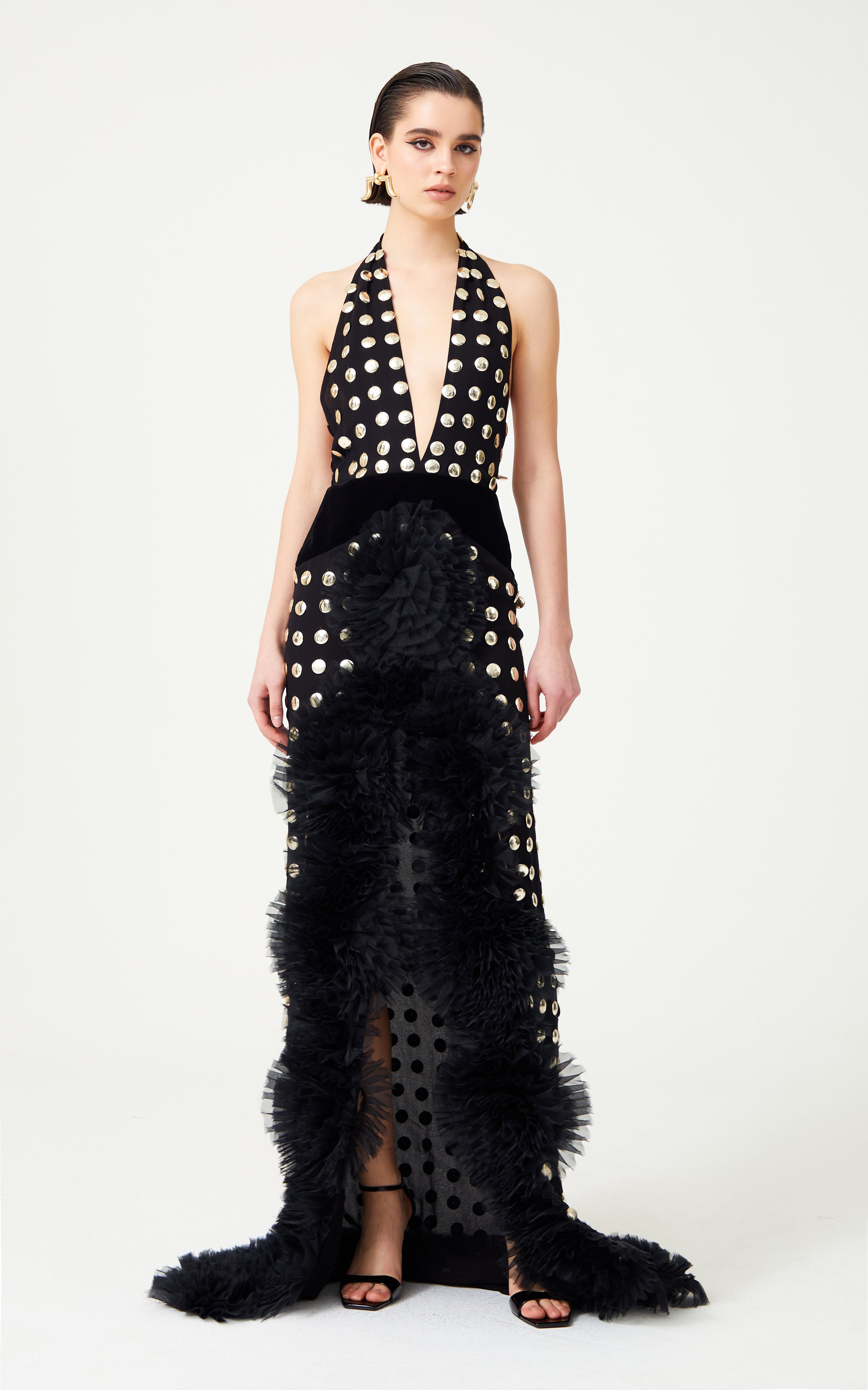 Black Handmade Gold Polka Dot Detailed Silk Chiffon Gown With Organza   RAISA VANESSA INT