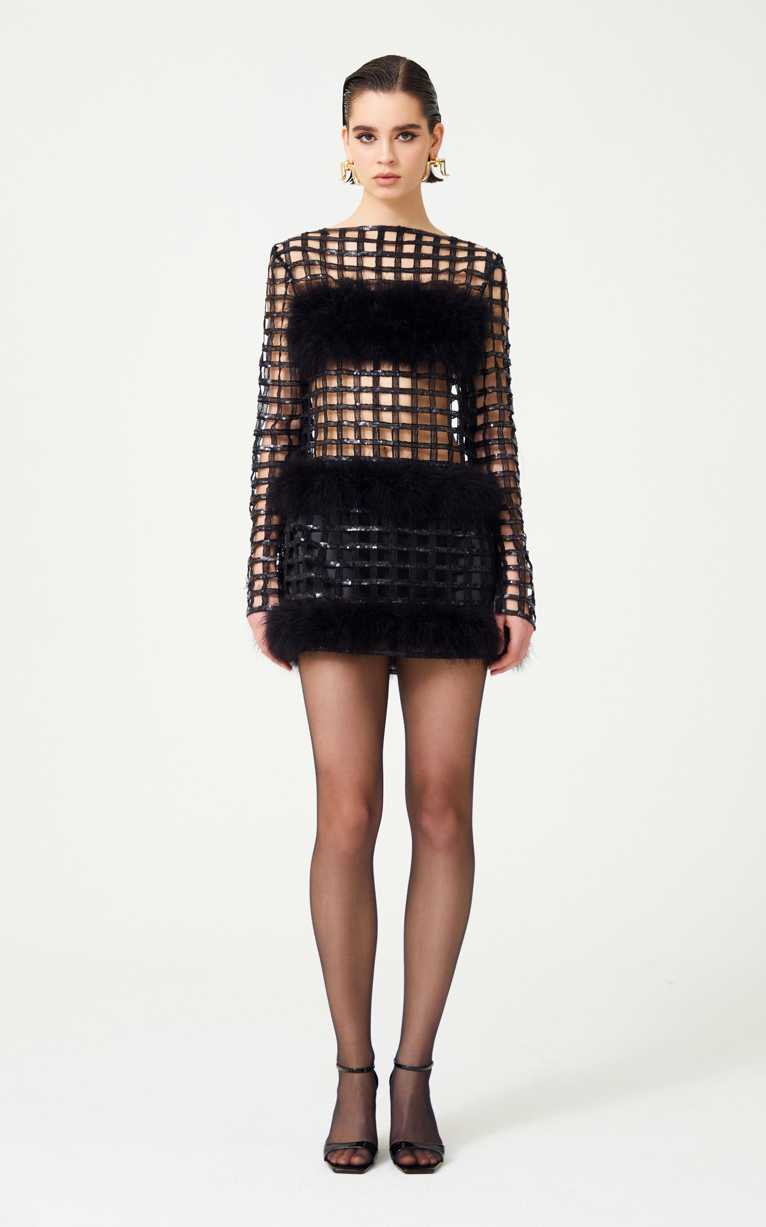 black fur mini dress Miss Circle Evelyn Black Fur-Trimmed Mini A-Line Dress XL