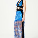 Indigo Blue Flower Embroidered Tulle Dress With Velvet Framing And Crystal Detailed Cut Out Waist