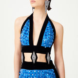 Indigo Blue Flower Embroidered Tulle Dress With Velvet Framing And Crystal Detailed Cut Out Waist