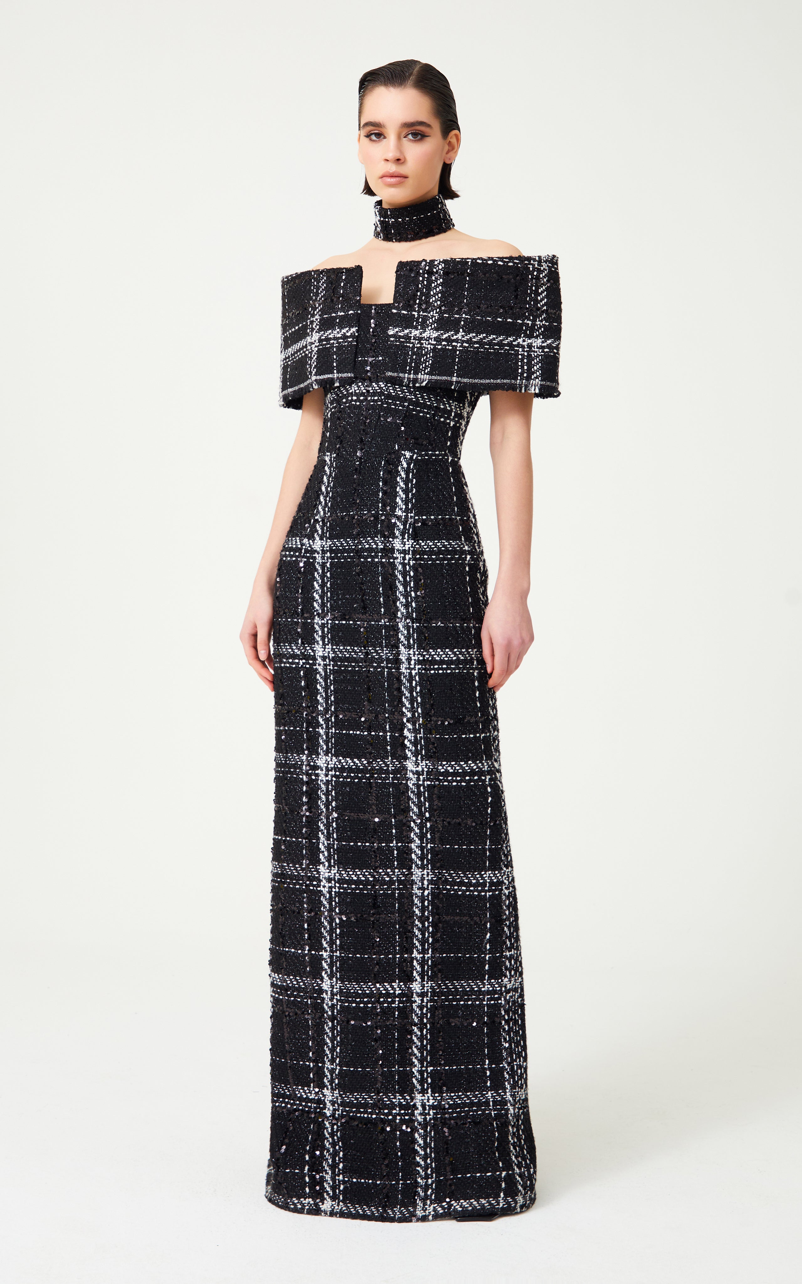 Black & White Plaid Sequin Embellished Tweed Royal Neckline Maxi Dress RAISA VANESSA INT Black & White Plaid Sequin Embellished Tweed Royal Neckline Maxi Dress RAISA VANESSA INT