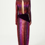 Multi Color Pailletted Dress With Draped Waist And Velvet Rose Detail