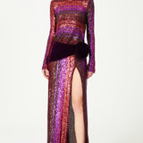 Multi Color Pailletted Dress With Draped Waist And Velvet Rose Detail