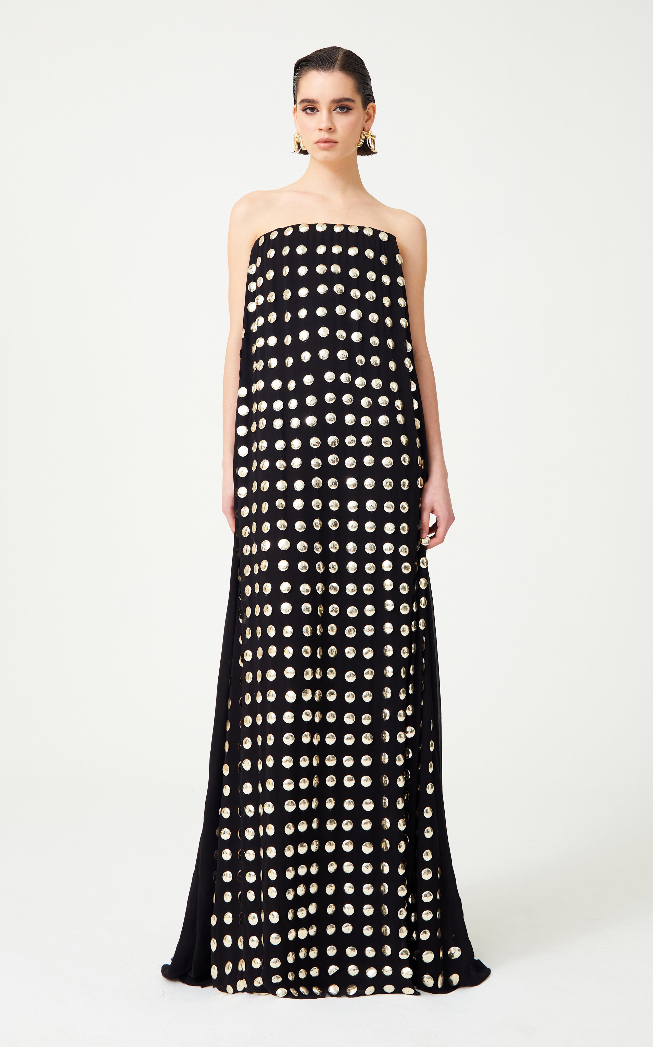 Black Handmade Gold Polka Dot Detailed Silk Chiffon Maxi Dress with Cr –  RAISA VANESSA INT