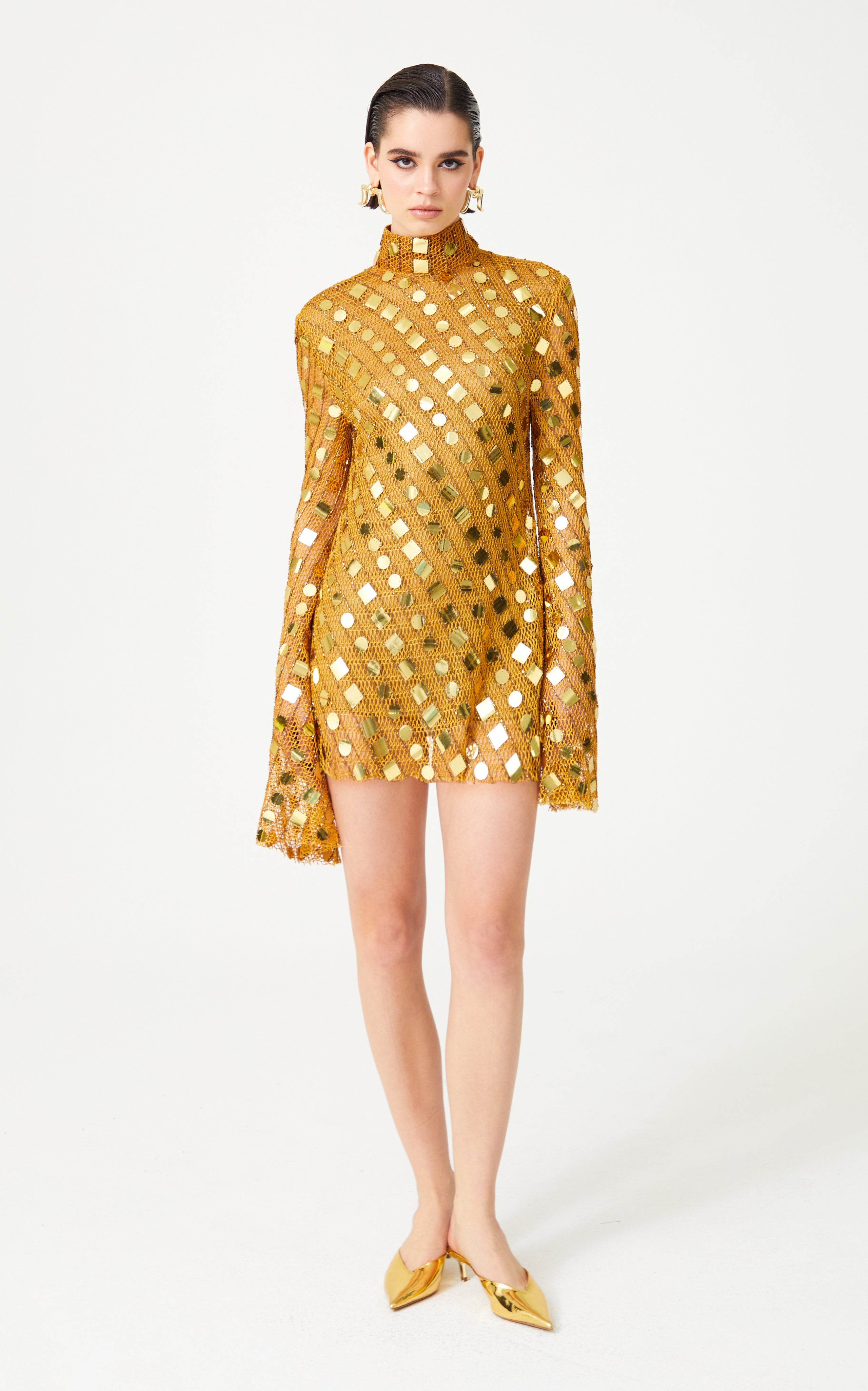 Gold Handmade Knitted Sequin Embroidered High Neck Mini Dress With Fla RAISA VANESSA INT Gold Handmade Knitted Sequin Embroidered High Neck Mini Dress With Fla RAISA VANESSA INT