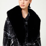 Black & White Plaid Sequin Embellished Tweed Coat With Removable Fur Collar