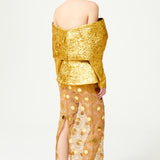 Gold Jacquard Fully Boned Sculptural Jacket With Flower Detail