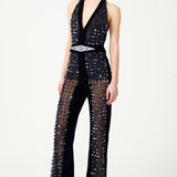 Navy Flower Embroidered Tulle Jumpsuit With Velvet Back And Crystal Belt Detail