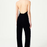 Navy Flower Embroidered Tulle Jumpsuit With Velvet Back And Crystal Belt Detail