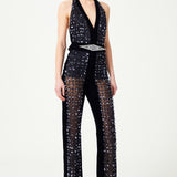 Navy Flower Embroidered Tulle Jumpsuit With Velvet Back And Crystal Belt Detail