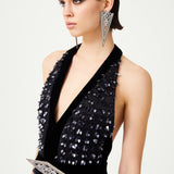 Navy Flower Embroidered Tulle Jumpsuit With Velvet Back And Crystal Belt Detail