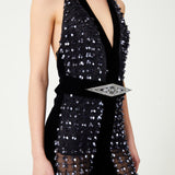 Navy Flower Embroidered Tulle Jumpsuit With Velvet Back And Crystal Belt Detail