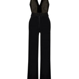 Navy Flower Embroidered Tulle Jumpsuit With Velvet Back And Crystal Belt Detail