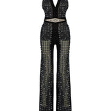 Navy Flower Embroidered Tulle Jumpsuit With Velvet Back And Crystal Belt Detail
